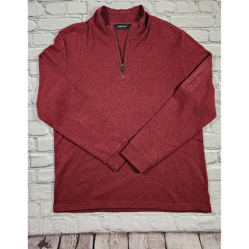 Bugatchi Mens Quarter Zip Pullover Sweater Burgundy Heather Sleeve Pocket Large